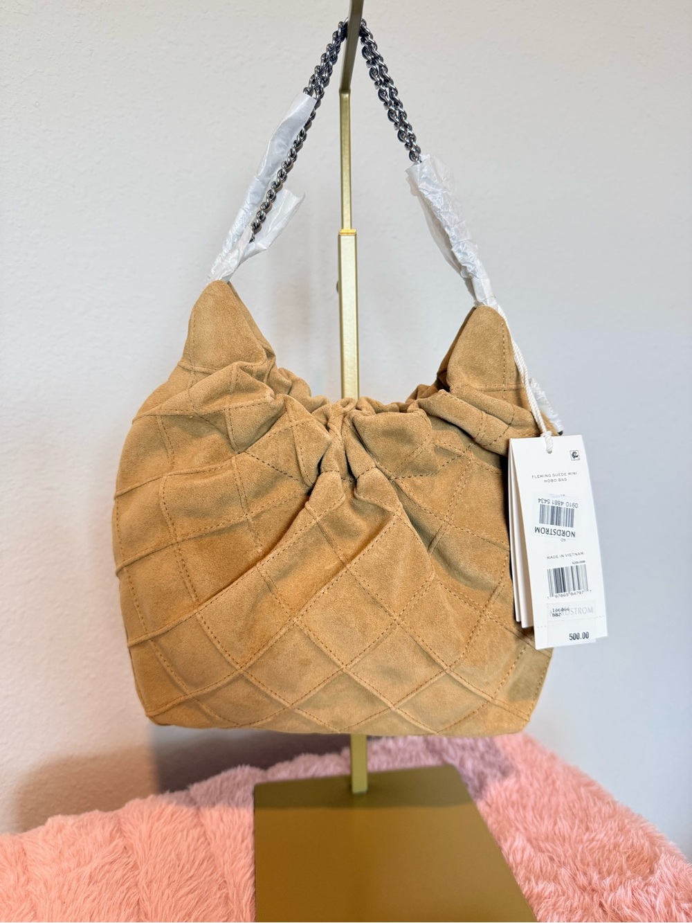 Tory Burch Fleming Suede Mini Hobo in Stone